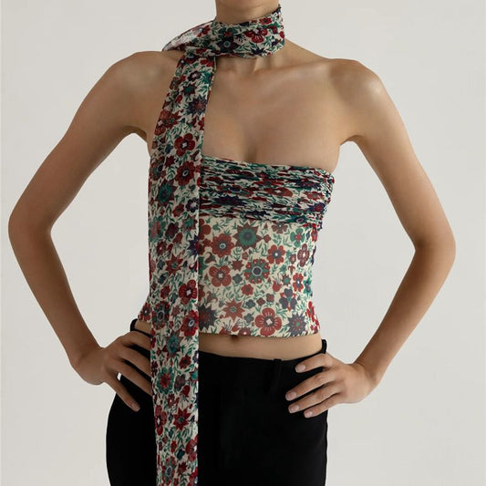 Floral Tube Top With Neck Tie