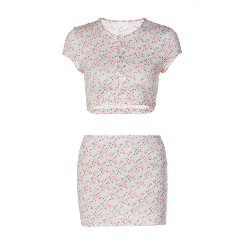 Cute Floral Pattern Crop Top Skirt Set